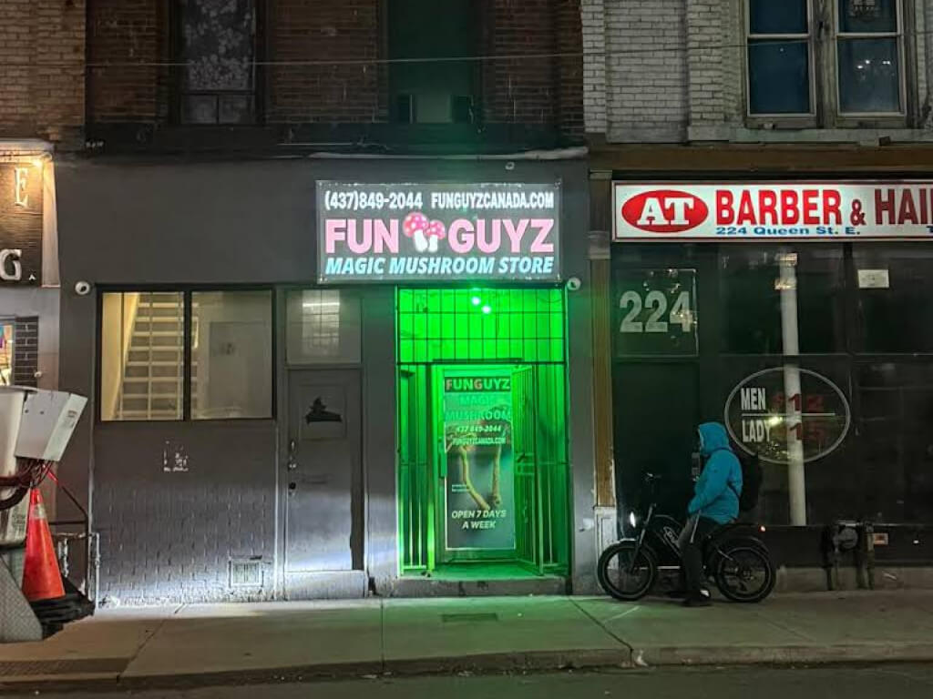 FunGuyz - Magic Mushroom Dispensary at 222 Queen St East, Toronto, entrance area from the outside