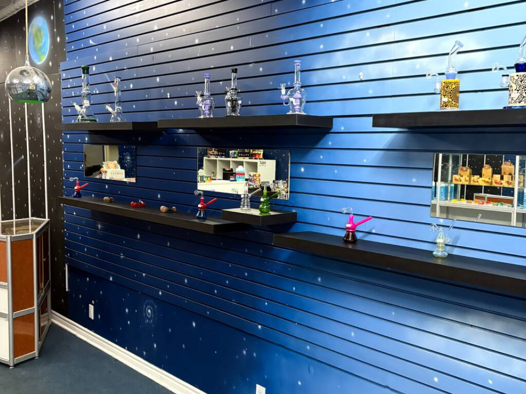 Product shelves in the interior at Funguyz - Magic Mushroom Dispensary in St. Catharines