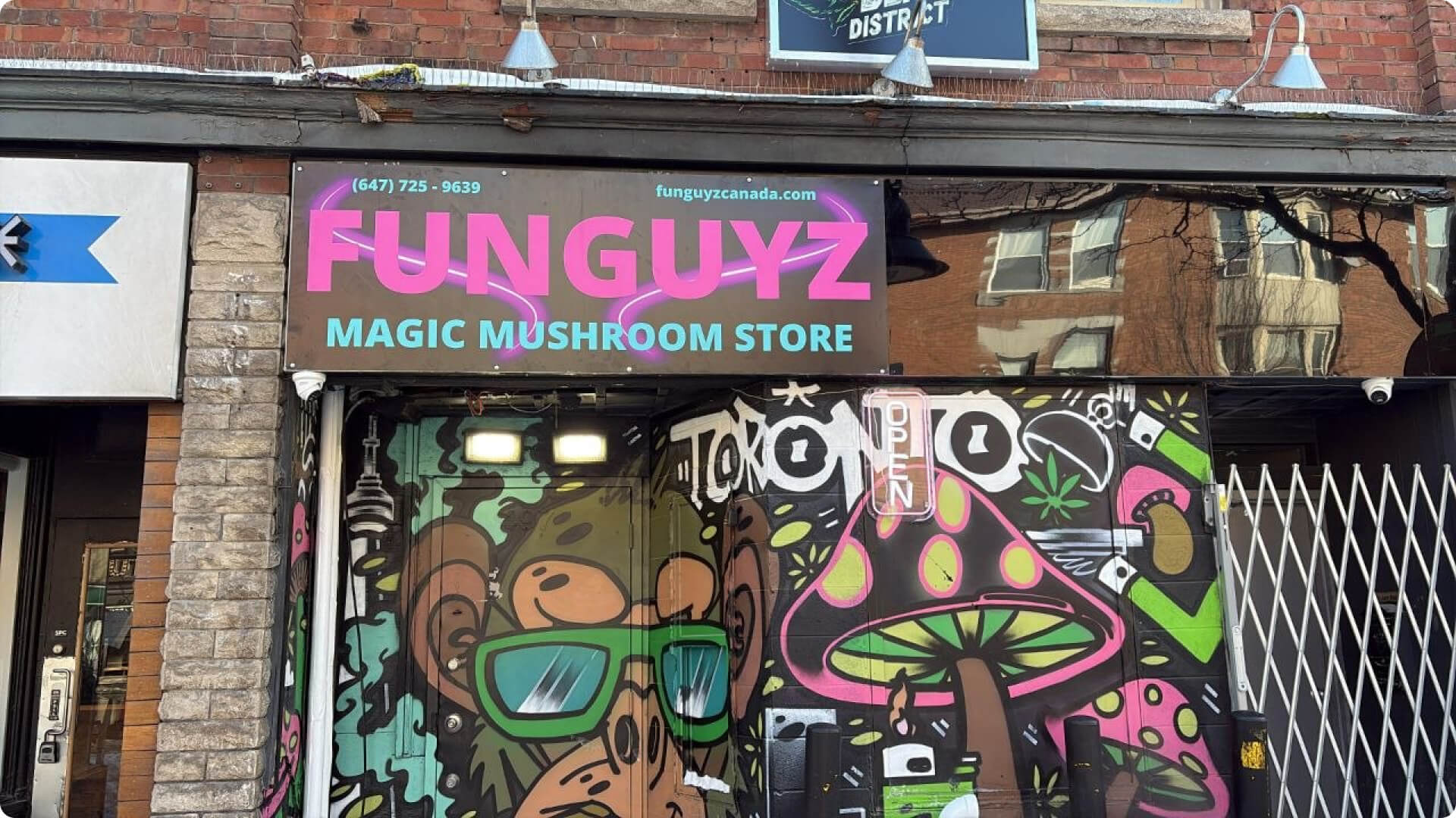The signage and entrance at Funguyz at 497 Bloor Street West