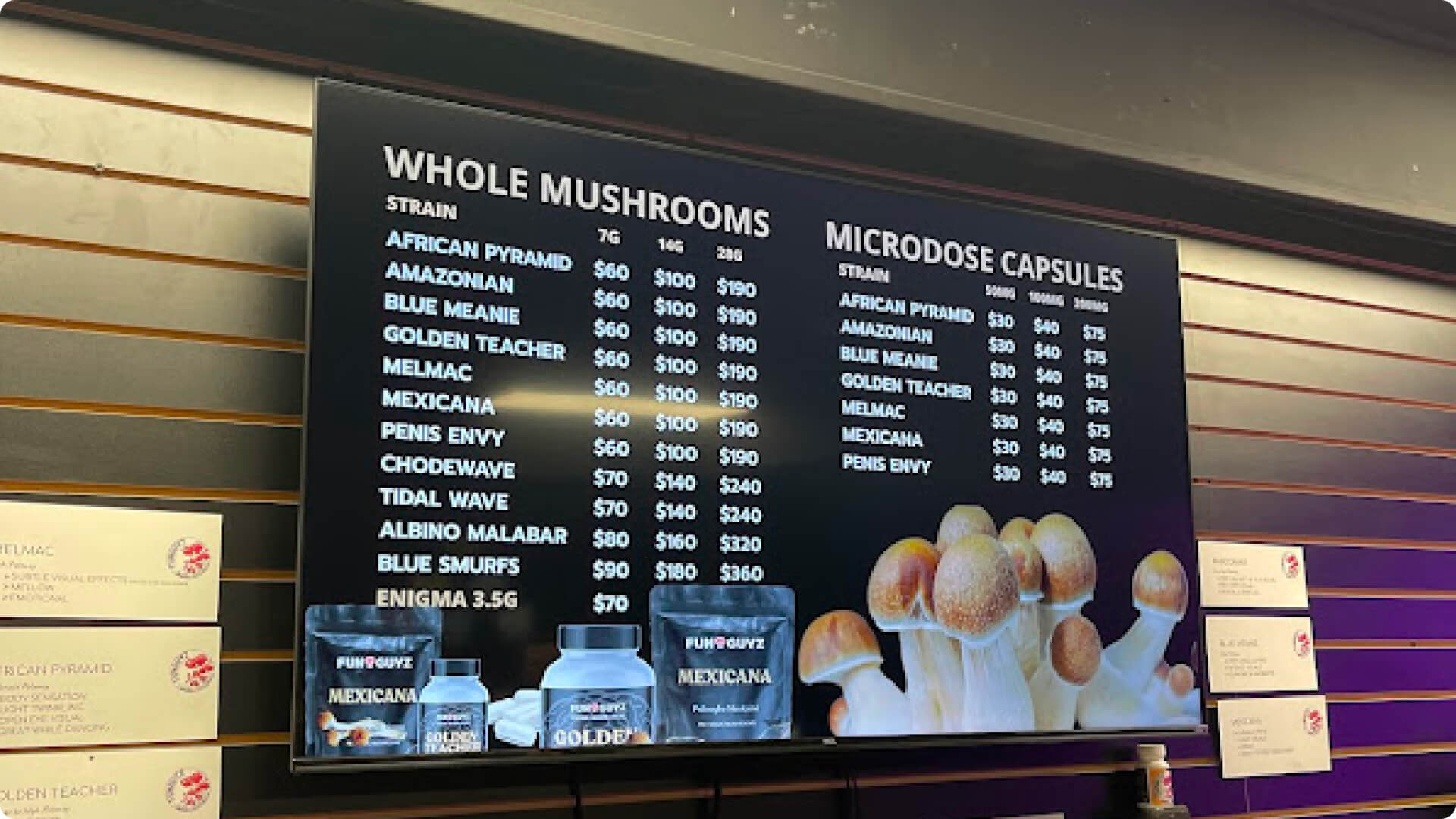 Magic mushrooms menu inside a dispensary showing actual 2026 prices for magic mushrooms in Toronto