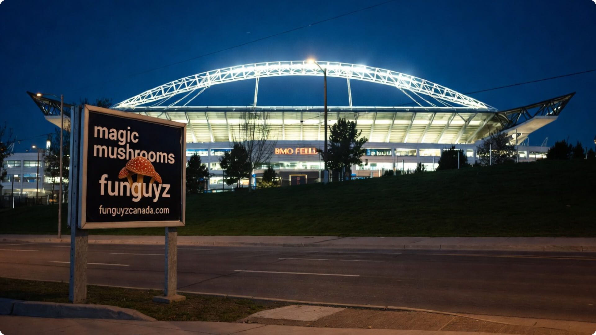 Funguyz magic mushrooms in Toronto ad in front of Toronto Stadium at night