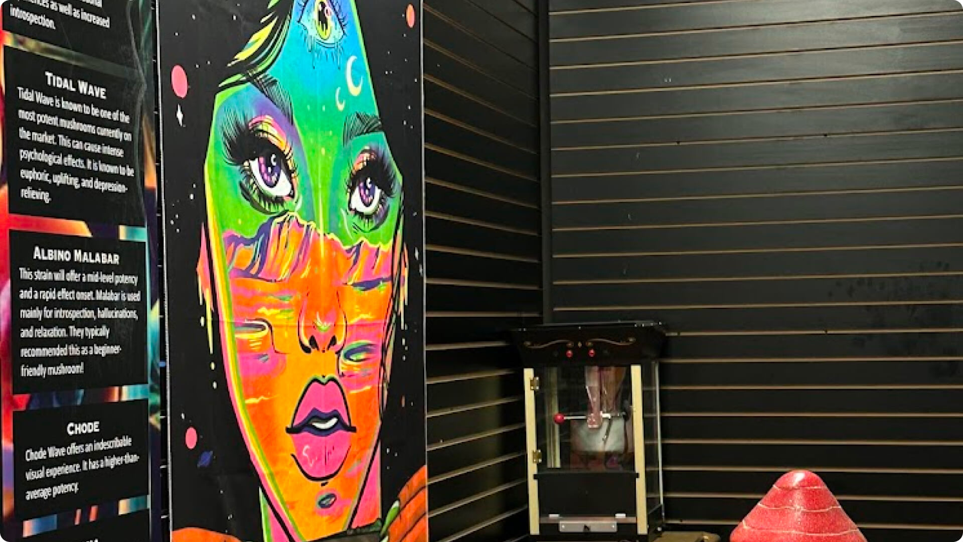 Magic mushroom dispensary wall art interior in Toronto