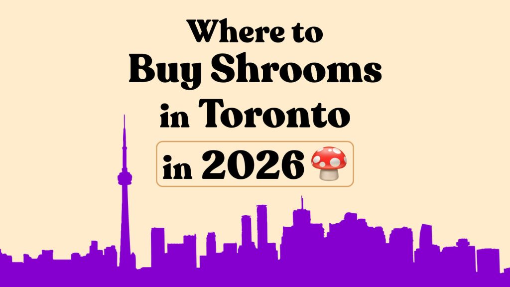 Text that reads where to buy shrooms in Toronto in 2026, Toronto skyline, and an icon of a magic mushroom
