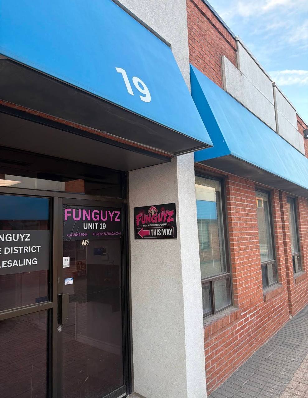 Entrance to Funguyz at 6033 Shawson Dr Unit 19 in Mississauga, blue 19 awning above the door