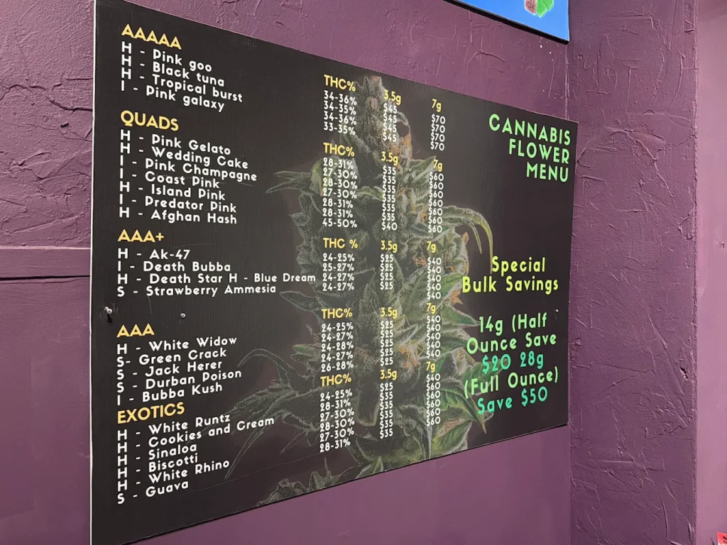 Cannabis flower menu board inside FunGuyz on Barton St East, Hamilton