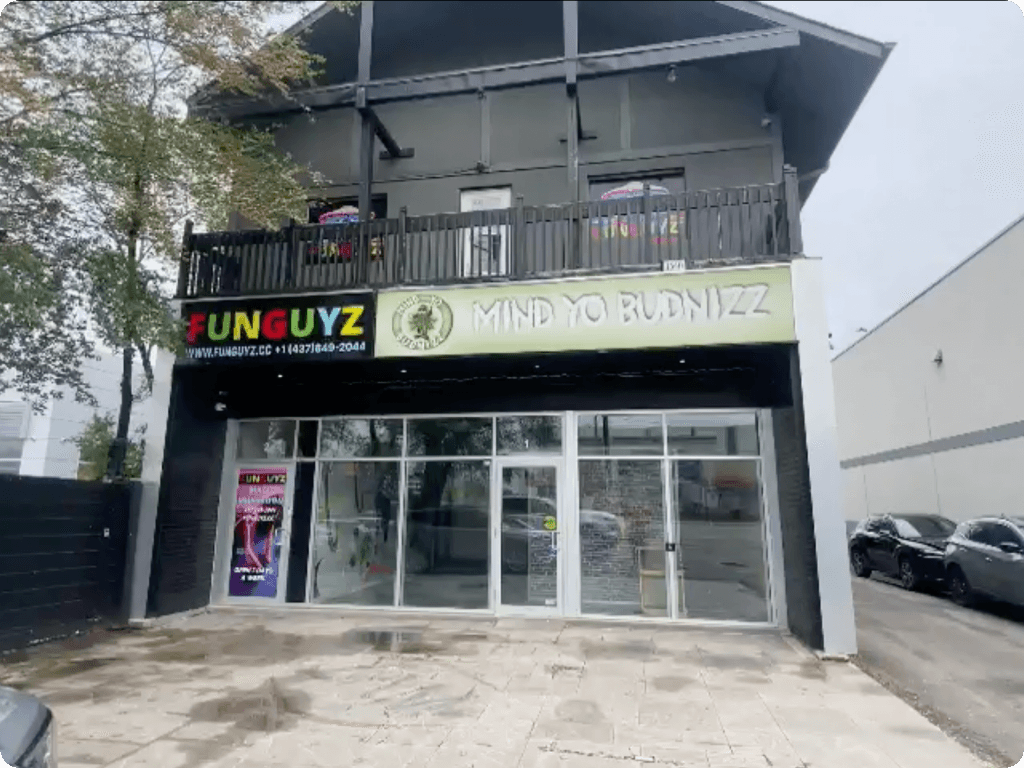 Funguyz magic mushroom dispensary in Etobicoke, view from in front of the store, main entrance