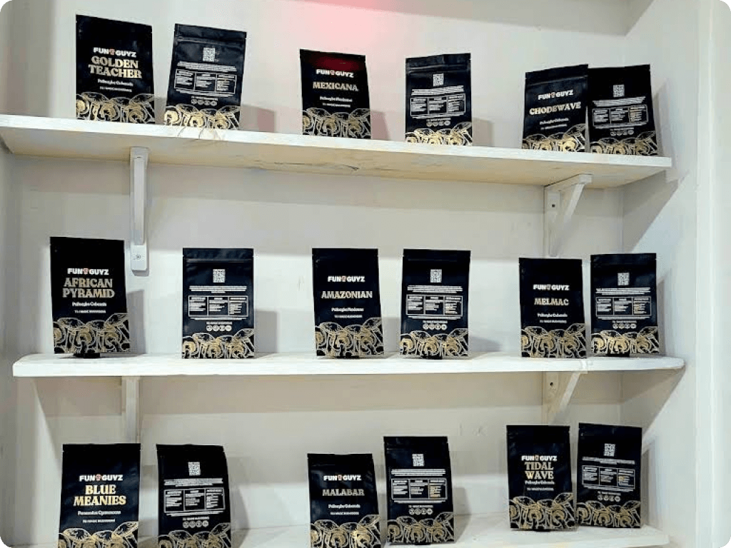 Magic mushroom packs on the shelves of Funguyz magic mushroom dispensary in Etobicoke