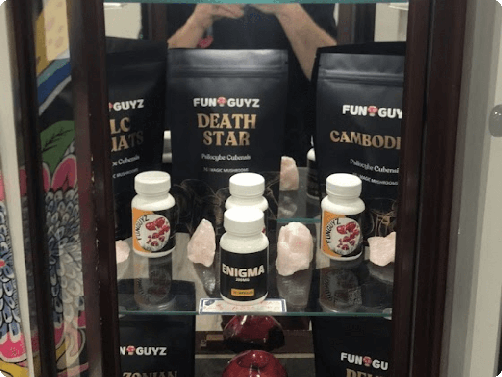 A shelf with beautifully positioned magic mushrooms inside the Funguyz magic mushroom dispensary in Etobicoke