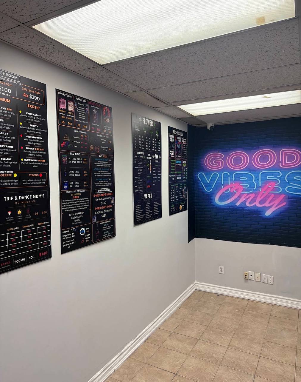 Menu boards inside FunGuyz at 6033 Shawson Dr, Mississauga