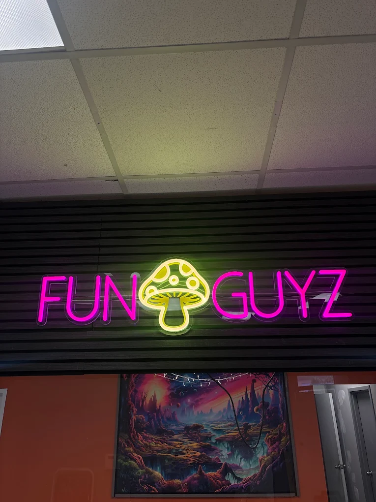FunGuyz neon sign inside the Enfield Pl store in Mississauga