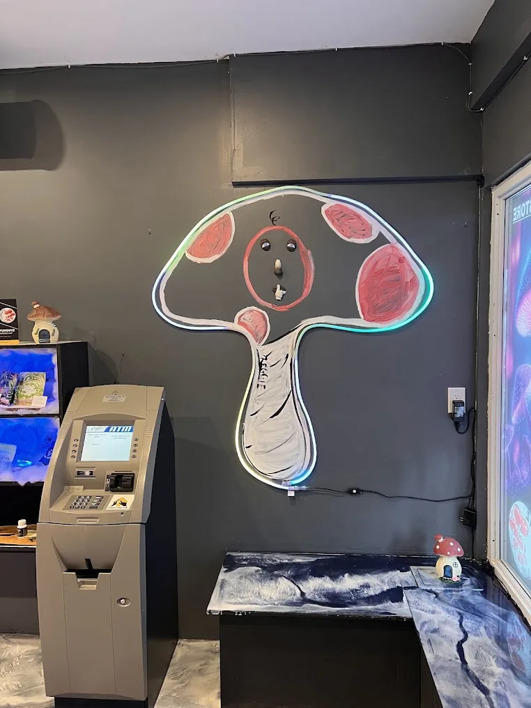 In-store ATM and neon mushroom mural at FunGuyz Niagara Falls