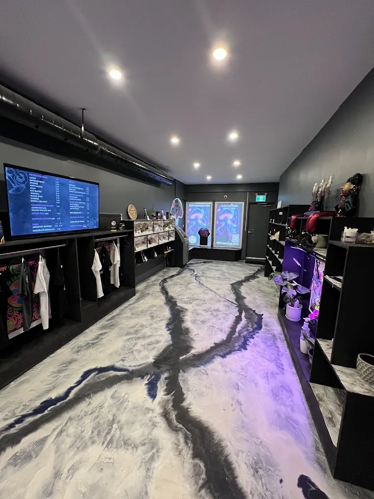 Display cases and wall menu inside FunGuyz Niagara Falls